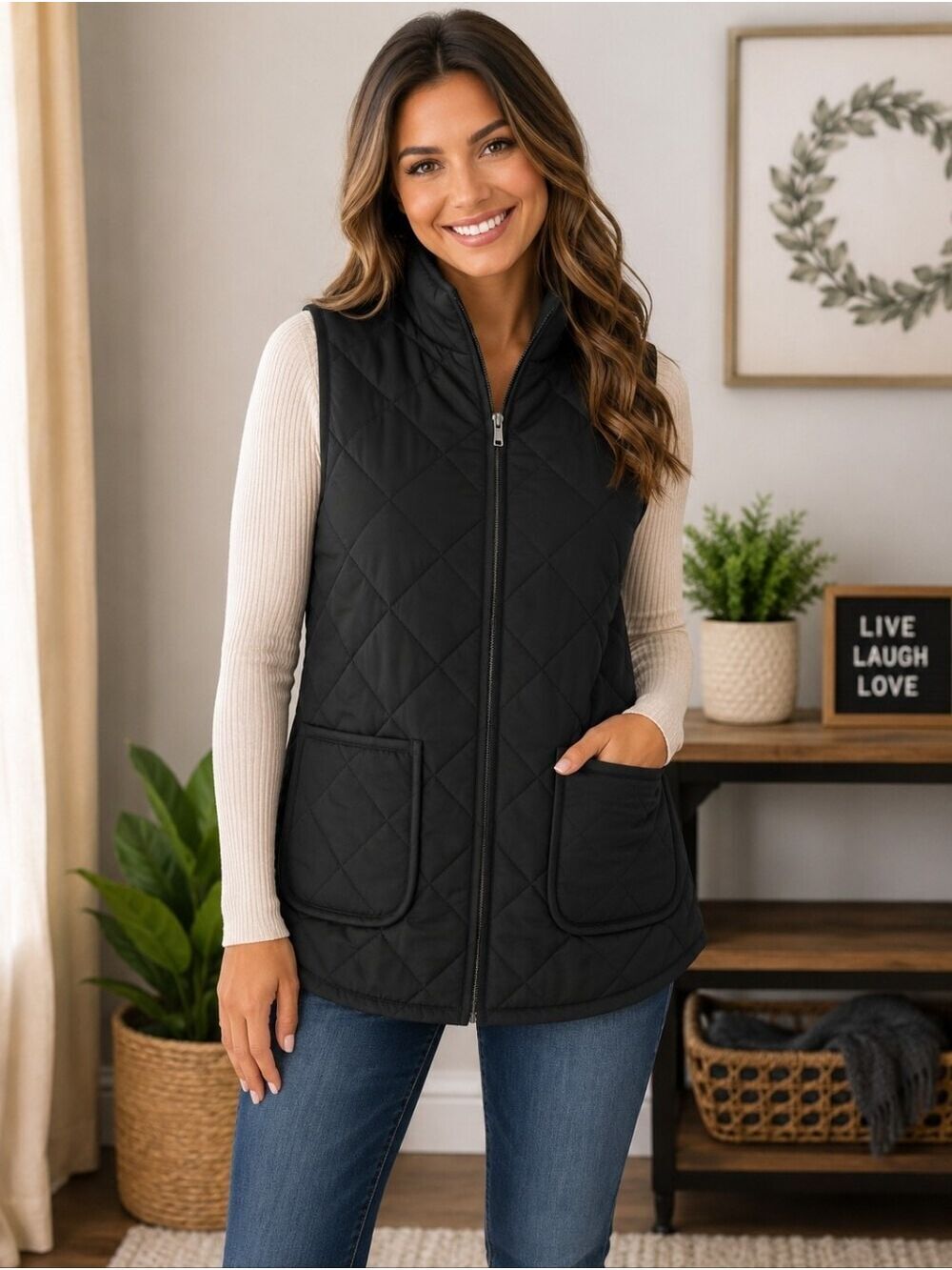 Market & Spruce Black Quilted Puffer Vest Women's Large Full Zip Pockets